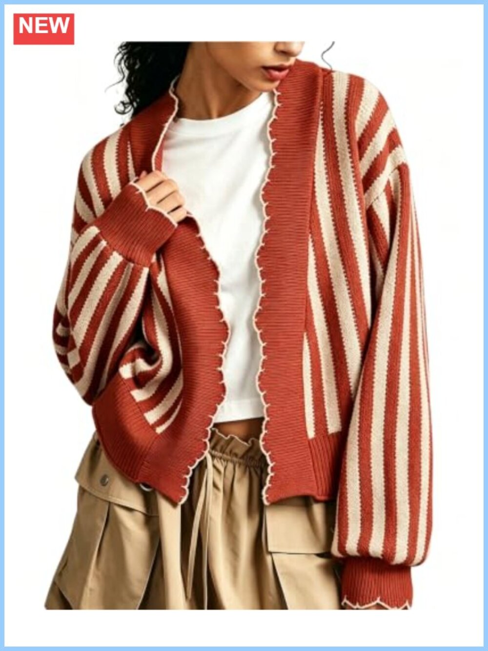 Womens Striped Open Front Cropped Cardigan Waffle Knit Wavy Trim